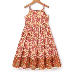 Pine Kids 100% Cotton Woven Ethnic Dress with Sleeveless and Floral Print Pattern - Brown