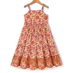 Pine Kids 100% Cotton Woven Ethnic Dress with Sleeveless and Floral Print Pattern - Brown