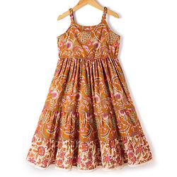 Pine Kids 100% Cotton Woven Ethnic Dress with Sleeveless and Floral Print Pattern - Cream
