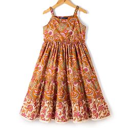 Pine Kids 100% Cotton Woven Ethnic Dress with Sleeveless and Floral Print Pattern - Cream