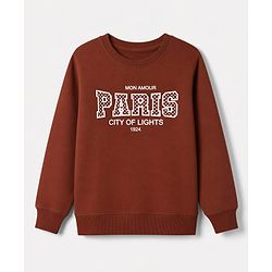 Pine Kids Cotton Knit Sweatshirt with Full Sleeves and Paris Print in Brown for 4-5 Years