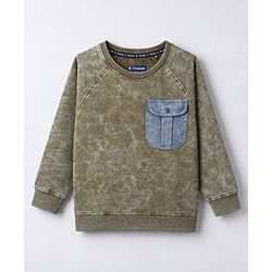 Pine Kids Cotton Mixes Knit Sweatshirt with Full Raglan Sleeves and Pocket Applique - Olive Green