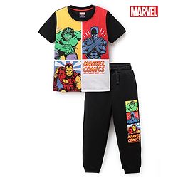 Pine Kids Marvel Single Jersey Knit Half Sleeves T-Shirts and Joggers Set With Avengers Print - Black