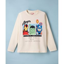 Pine Kids Marvel 100% Cotton Single Jersey Knit T-Shirt with Full Sleeves and Avengers Text & Iron Man, Hulk, Captain America Print - Cream