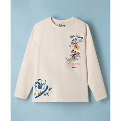 Pine Kids Disney 100% Cotton Single Jersey Knit T-Shirt with Full Sleeves and Frot '7 Back Mickey Mouse Skiing Print - Cream