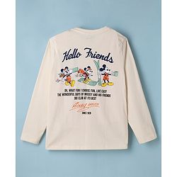 Pine Kids Disney 100% Cotton Single Jersey Knit T-Shirt with Full Sleeves and Frot '7 Back Mickey Mouse Skiing Print - Cream