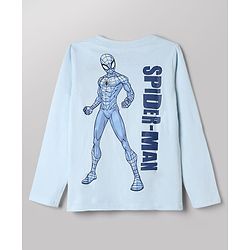 Pine Kids Marvel Cotton Knit T-Shirt with Full Sleeves and Spider-Man Print in Light Blue
