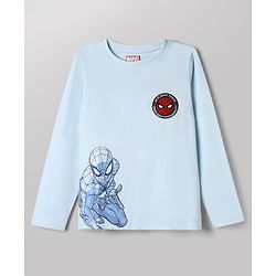 Pine Kids Marvel Cotton Knit T-Shirt with Full Sleeves and Spider-Man Print in Light Blue