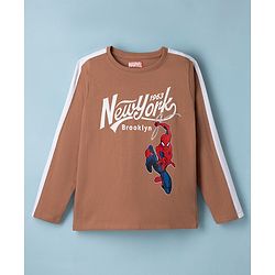 Pine Kids Marvel 100% Cotton Single Jersey Knit T-Shirts with Full Sleeves and New York Brooklyn Text & Spider Man Front & Back Print - Brown