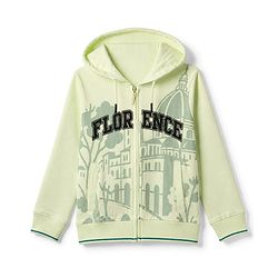 Pine Kids 100% Cotton Knit Hooded Sweatjacket with Full Sleeves and Cathedral Print in Light Green