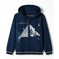 Pine Kids Cotton Knit Sweatshirt with Full Sleeves and Mountain Print in Navy Blue for 4-5 Years
