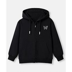Pine Kids 100% Cotton Knit Full Sleeves Hooded Sweatshirt With Butterfly Print - Black