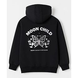 Pine Kids 100% Cotton Knit Full Sleeves Hooded Sweatshirt With Butterfly Print - Black