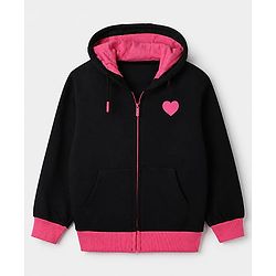 Pine Kids 100% Cotton Knit Full Sleeves Hooded Sweatshirt With Heart Print - Black