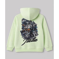 Pine Kids 100% Cotton Knit Full Sleeves and Landscape Print Hooded Sweatshirts in Light Green