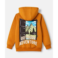 Pine Kids 100% Cotton Knit Hooded SweatJacket with Full Sleeves and Landscape Print in Mustard