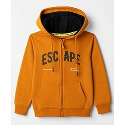 Pine Kids 100% Cotton Knit Hooded SweatJacket with Full Sleeves and Landscape Print in Mustard