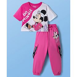Pine Kids Disney 100% Cotton Single Jersey Knit Half Sleeves T-Shirt and Joggers with Full Length and Minnie Mouse Graphic in Pink