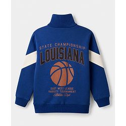 Pine Kids 100% Cotton Knit Full Sleeves Limoges Sweatshirt with Front Zipper and Basketball Patch in Navy Blue