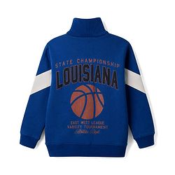 Pine Kids 100% Cotton Knit Full Sleeves Limoges Sweatshirt with Front Zipper and Basketball Patch in Navy Blue