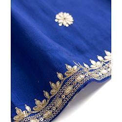 Pine Kids Woven Kurti and Churidar Set with Dupatta with Three Fourth Sleeves and Floral Motifs Embroidery in Royal Blue