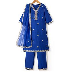Pine Kids Woven Kurti and Churidar Set with Dupatta with Three Fourth Sleeves and Floral Motifs Embroidery in Royal Blue