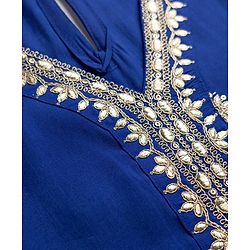 Pine Kids Woven Kurti and Churidar Set with Dupatta with Three Fourth Sleeves and Floral Motifs Embroidery in Royal Blue