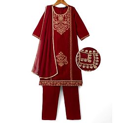 Pine Kids Woven 3/4th Sleeves Kurti & Churidar and Dupatta Set With Floral Motif Embroidery in Maroon