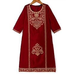 Pine Kids Woven 3/4th Sleeves Kurti & Churidar and Dupatta Set With Floral Motif Embroidery in Maroon