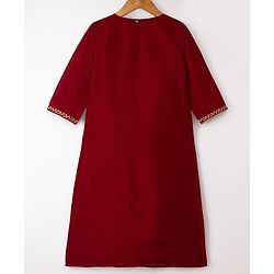 Pine Kids Woven 3/4th Sleeves Kurti & Churidar and Dupatta Set With Floral Motif Embroidery in Maroon