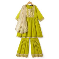 Pine Kids Woven Kurti and Gharara Set with Three Fourth Sleeves and Embroidery in Olive Green
