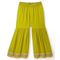 Pine Kids Woven Kurti and Gharara Set with Three Fourth Sleeves and Embroidery in Olive Green