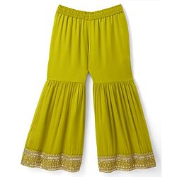 Pine Kids Woven Kurti and Gharara Set with Three Fourth Sleeves and Embroidery in Olive Green