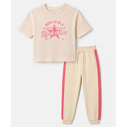 Pine Kids Cotton Blend Knit Half Sleeves T-Shirt and Jogger with Born To Be A Rock Star Print in Beige