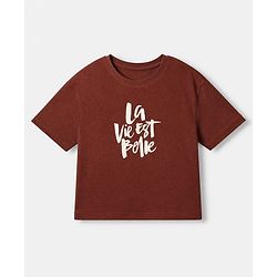 Pine Kids Cotton Blend Knit Half Sleeves T-Shirt and Jogger with Typography Print in Brown