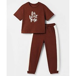 Pine Kids Cotton Blend Knit Half Sleeves T-Shirt and Jogger with Typography Print in Brown