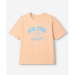 Pine Kids Cotton Blend Looper Knit Half Sleeves T-Shirt and Jogger with New York Basketball Print in Peach