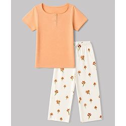Pine Kids Cotton Knit Half Sleeves T-Shirt & Pyjama Night Suit with Floral Print - Peach