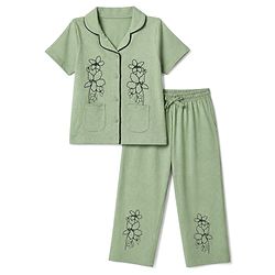 Pine Kids 100% Cotton Bio Washed Single Jersery 180 Gsm Knit Co-ord Shirt & Pajama Night Suit with Floral Print - Light Green