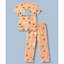 Pine Kids 100% Cotton Knit Half Sleeves Bio Washed Co Ords T Shirt Pyjama Night Suit With Text Print in Cream Blush