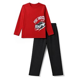 Pine Kids Cotton Knit Full Sleeves T Shirt Pyjama Nightwear Suit With Car Print - Red