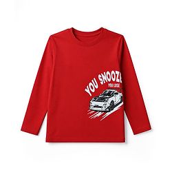 Pine Kids Cotton Knit Full Sleeves T Shirt Pyjama Nightwear Suit With Car Print - Red