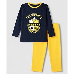 Pine Kids Cotton Knit Full Sleeves T Shirt Pyjama Nightwear Suit With Text Print - Navy Blue