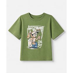 Pine Kids 100% Cotton Knit T-Shirt with Half Sleeves and Skater Dog Print in Green for 4-5 Years