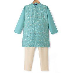 Pine Kids Woven Full Sleeves Kurta and Pyjama with Full Length and Floral Vines Embroidered in Green