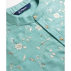 Pine Kids Woven Full Sleeves Kurta and Pyjama with Full Length and Floral Vines Embroidered in Green