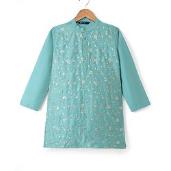 Pine Kids Woven Full Sleeves Kurta and Pyjama with Full Length and Floral Vines Embroidered in Green