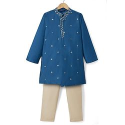 Pine Kids Woven Full Sleeves Sequinned Kurta & Pyjama Set - Teal Blue