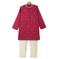 Pine Kids Woven Kurta Pyjama Set with Full Sleeves and Embellishment Embroidery in Red for 4-5 Years