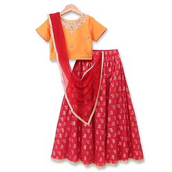 Pine Kids Woven Half Sleeves Floral Embroidered Choli & Lehenga Set WIth Dupatta - Red
